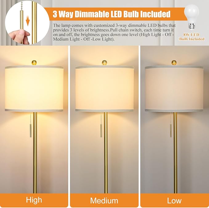 【Upgraded】 Dimmable Gold Floor Lamps for Living Room, 63in Modern Standing Lamp with Marble Base, Tall Pole Light with White Linen Shade for Bedroom Reading Office Corner Nursery