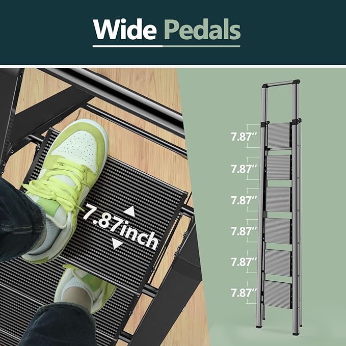 WOA WOA 6 Step Ladder for 12 Feet High Ceiling, Lightweight Foldable Ladder with Non-Slip Wide Pedals, Stepladder with Safe Handrail, Space Saving for Home, Kitchen, Indoor & Outdoor 300lbs - Black