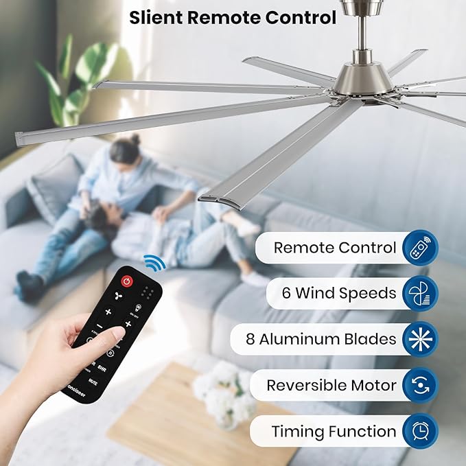100 Inch Ceiling Fans with Remote No Light for Living Room Bedroom Kitchen Home Office Library Cafe Outdoor/Industrial Use, 8 Aluminum Blades 6 Speed Reversible Quiet DC Motor, Sand-nickel