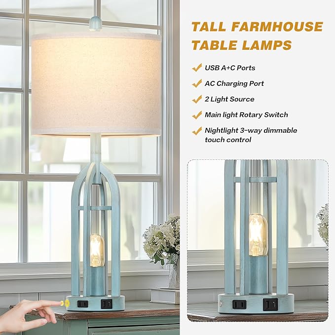 27" Farmhouse Table Lamps for Living Room,Blue Vintage Lamps Set of 2 with USB A+C Charging Ports & AC Outlet, Retro Nightstand Lamp with Fabric Shade for Bedroom, Entryway(4 Bulbs Included)