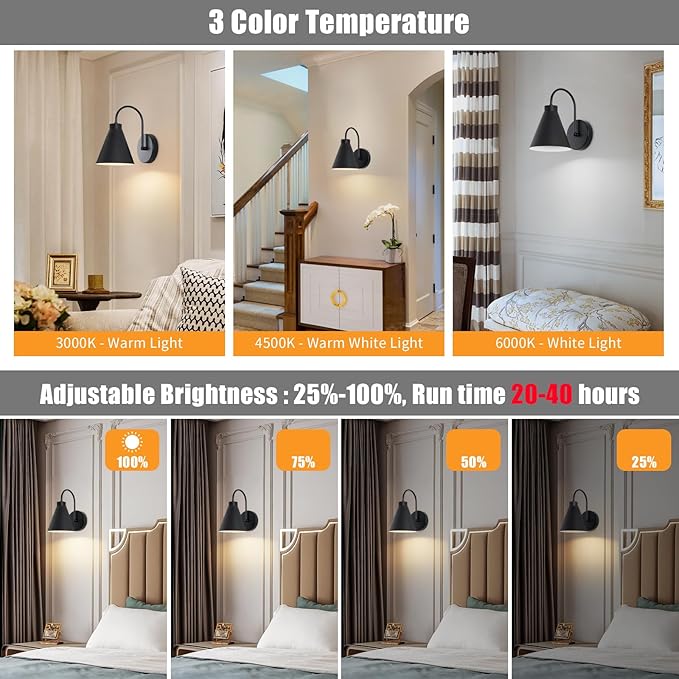 Vintage Cordless Gooseneck Battery Operated Wall Sconces Set of 2, Black Bedside Battery Powered Wall Decor Lamps with Remote Control, Wireless Indoor LED Lights Fixture for Hallway Bedroom