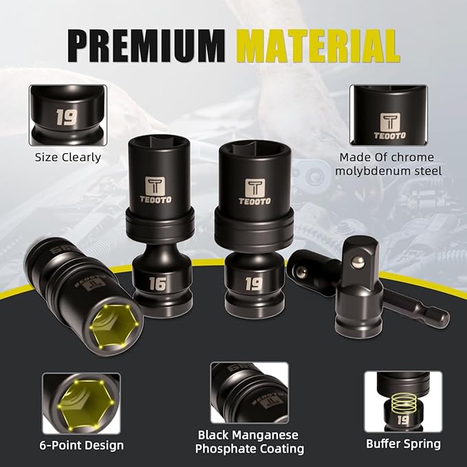 16 PCS 1/2" Drive Swivel Socket Set, Impact Swivel Socket Set, Universal Impact Socket Set, Wobble Socket, 6-Point, Metric, 10-22mm, CR-MO, with Extension Bars and Adapter