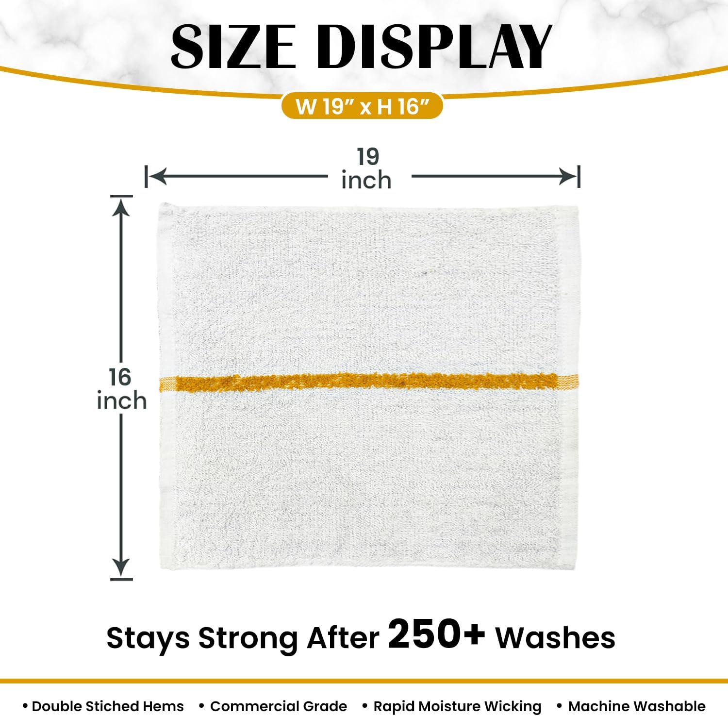 Bar Mops Gold Stripe Pack of 60 Kitchen Towels 16x19 Multi-Purpose for Home, Restaurant and Cleaning White Absorbent Washcloth Dishcloths Sets, Reusable Dish, Cloths Rags