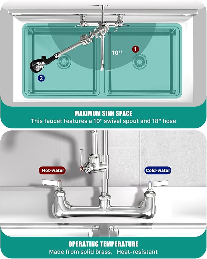 Commercial Kitchen Faucet Heavy Duty Wall Mount Sink Faucet, 8 Inch Center 25 Inch Commercial Kitchen Faucet with Pre-Rinse Sprayer （Black） and 10 Inch Add-On Spout for 1,2,3 Compartment Sinks