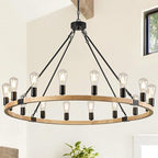 16-Light Wood Wagon Wheel Chandelier Farmhouse Natural, 43.3'' Black Metal Pendant Chandeliers Wooden Rustic Light Fixtures for High Ceiling Living Dining Room Foyer Entryway