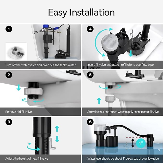 R&T A1250L Toilet Fill Valve Toilet Tank Parts Replacement Universal Toilet Repair Kit Inside Tank Quiet Fill Anti-Siphon