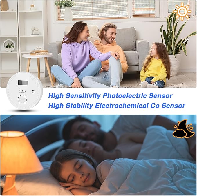 4 Packs, 2 in 1, Smoke and Carbon Monoxide Detector, Smoke Detector Carbon Monoxide Detector Combo,85db Alarm, Digital Display, with Battery, Easy to Install