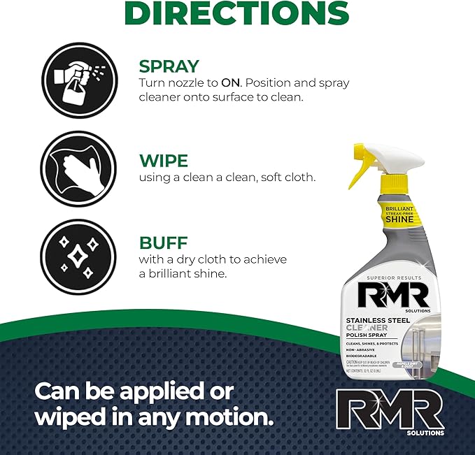 RMR Stainless Steel Cleaner and Polish - Protects Appliances from Fingerprints, Heavy-Duty Scratch and Streak-Free Formula for Refrigerator, Dishwasher, Oven, Grill, 30-Ounce Bottle