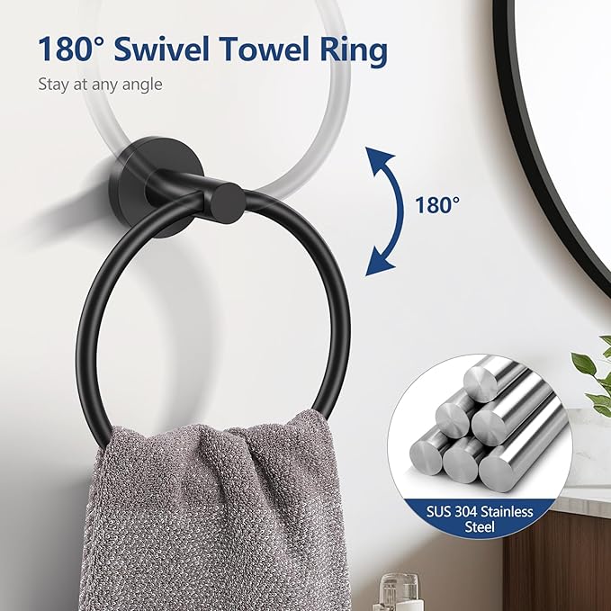 TQKAG Matte Black 5 Piece Bathroom Hardware Accessories Set 23.6" SUS304 Stainless Steel Bathroom Towel Bar Holder Sets Double Post Pivoting Toilet Paper Holder Set Wall Mounted