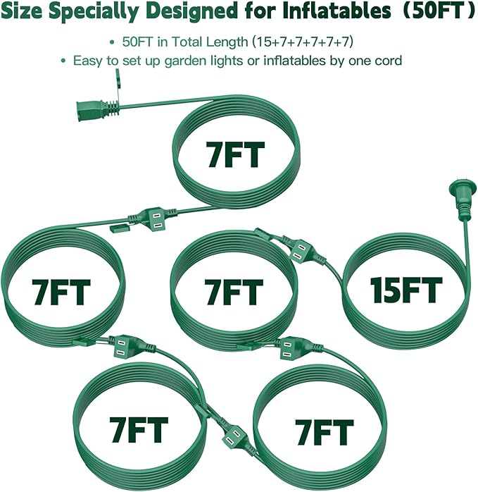 50FT Outdoor Extension Extension Cord for Halloween Christmas Inflatables with Multiple Outlets Green Electrical Cord with Multiple Plugs Outdoor Christmas Blow Up Decorations Light Extension Cords