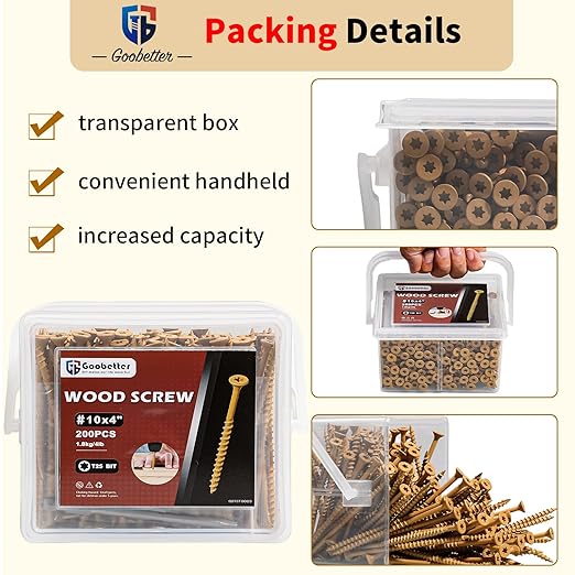 Wood Screws 4 Inch, 200 Pcs Construction Fence Screws, 10 x 4 Deck Exterior Screws for Wood, Rust Resistant, 2 Pcs T25 Star Bits Included, Yellow