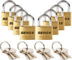 SEPOX 8-Pack Padlock Keyed-Alike: Ultra-Durable Solid-Brass Body 1-3/16'' 30mm, Anti-Cut Shackle, Edge Chamfered Safety – 8 Locks w/ 12 Same Brass Keys Ideal Locker, Luggage, Case & More
