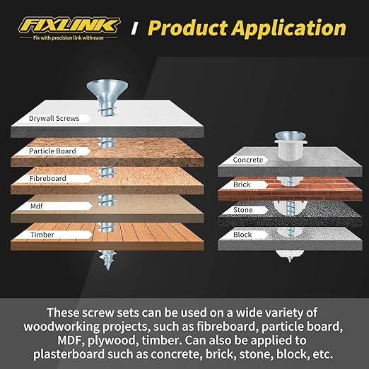 Wood Screws Assortment Kit, FIXLINK 240 PCS High Hardness Flat Head Wood Screws Set, Phillips Drive Assorted Screws, Contain 15PC Anchors and 8 Size (2-1/2”,2”,1-1/2”,1-1/4”,1”,3/4”,5/8”,1/2”), Zinc