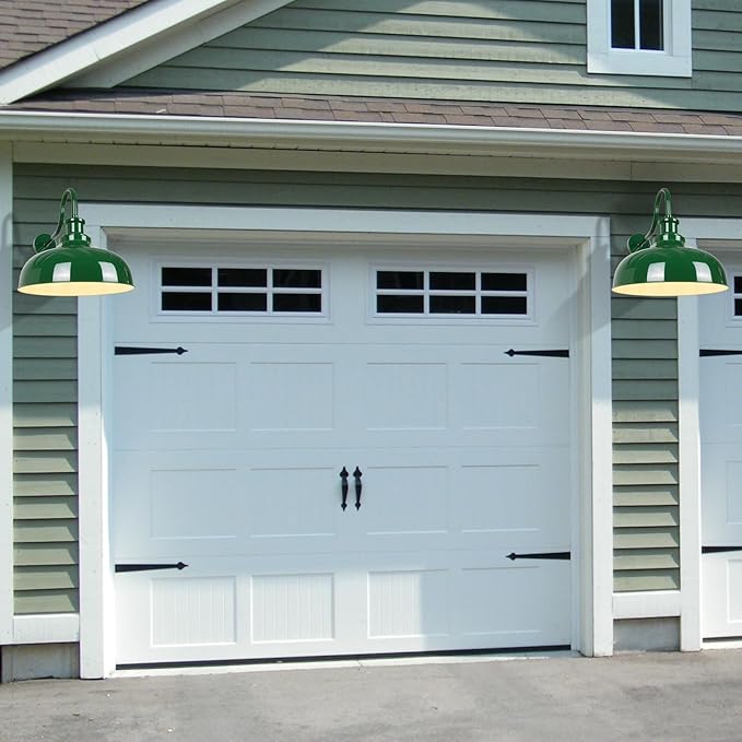 Outdoor Gooseneck Barn Lights, 14 Inch Dome Rustic Outdoor Wall Sconces, Farmhouse Exterior Wall Mount Lighting Fixture, Industrial Green Wall Lantern for Porch, Entryway, Garage, RZ007M-2 GR+WH