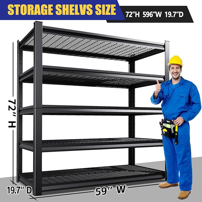 Garage Shelving-3500 lbs 5 Tier Storage Shelves,Adjustable Heavy Duty Metal Shelving Unit and Storage Large Wire Rack,Utility Steel Shelf for Warehouse Industrial Pantry Basement -72"x59"x20",Black