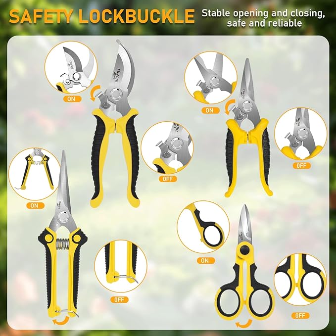 4-Pack Multifunctional Garden Scissors Set-Yellow-BIDMLI Stainless Steel Pruning &Floral Shears with One-Piece Handle Blades Tree Pruning, Flower Trimming, Fruit Picking Tasks Home&Garden Tool.
