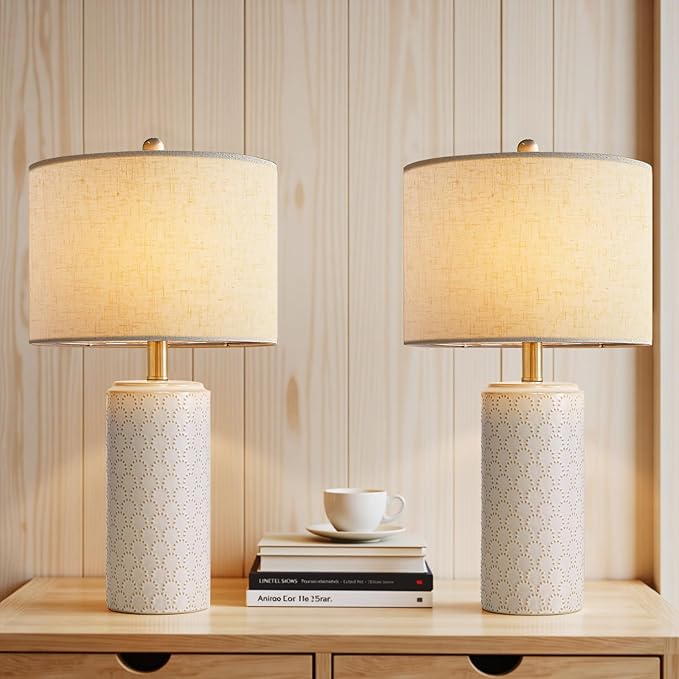 23" Ceramic Table Lamp Set of 2, Modern Farmhouse Bedside Lamps for Bedroom, White Nightstand Lamps for Living Room, Rustic End Table Desk Lamps with Rocker Switch, Home Office Décor