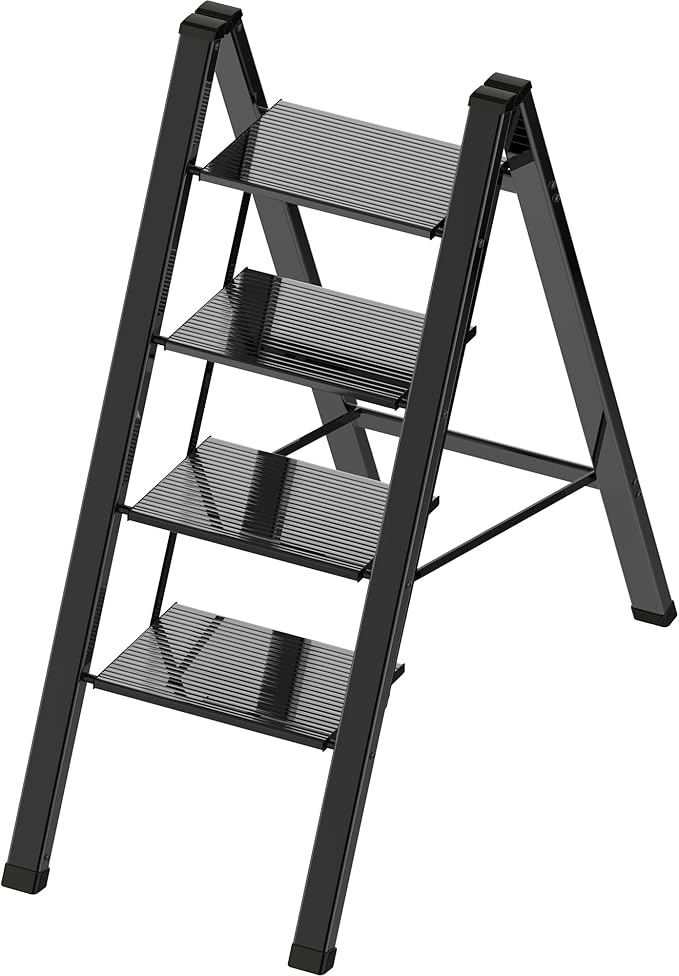 Lightweight Folding Step Ladder Household, Aluminum 4 Step Ladder Foldable for Home, Sturdy Step Stool for Adults 330 Lbs - Black