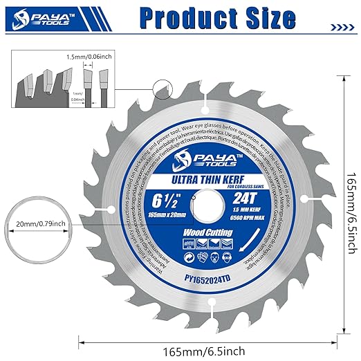 6-1/2-Inch 24-Tooth Circular Saw Blade, 0.059" Ultra Thin Kerf Blade 20mm Bore (16mm Reduction Ring Included),TCT ATB Framing Blade for Wood Fast Cutting