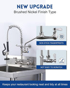 [New Upgrade] Brushed Nickel 21" Height Commercial Kitchen Faucet with Pre-Rinse Sprayer 8 Inch Center Wall Mount Kitchen Sink Faucet with 10" Add-on Swing Spout for 1/2 Compartment Sink