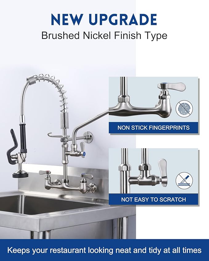 [New Upgrade] Brushed Nickel 21" Height Commercial Kitchen Faucet with Pre-Rinse Sprayer 8 Inch Center Wall Mount Kitchen Sink Faucet with 10" Add-on Swing Spout for 1/2 Compartment Sink
