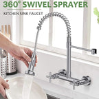 Wall Mount Faucet, Hurran Kitchen Faucet, 8 Inch Utility Sink Faucet with 2 Functions Sprayer, Commercial Kitchen Sink Faucet Dual Handles for Laundry Room Restaurant Compartment Sink (Chrome)