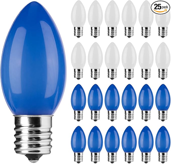 Brightown C9 LED Replacement Christmas Bulbs, 25 Pack Blue and White Shatterproof C9 Bulbs, Waterproof Commercial LED Holiday Bulb for Christmas String Light, E17 Intermediate Base, Dimmable