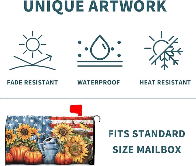 Kawani Fall Mailbox Cover - Autumn Pumpkin Sunflower America Flag Patriotic - Magnetic Standard Size 21x18 Inch Rustic Waterproof Post Box Wrap for Garden Yard Home Decor