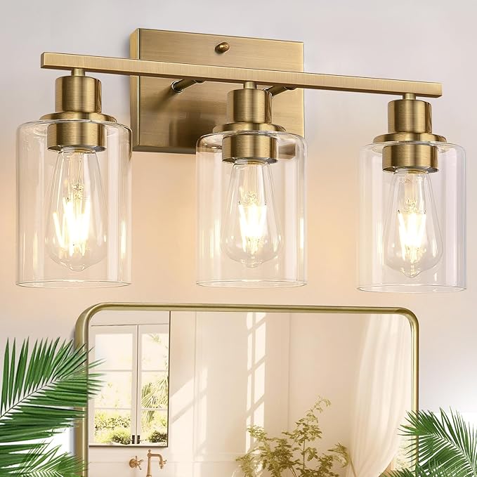 3 Light Bathroom Light Fixtures, Brass Vanity Lights for Bathroom with Clear Glass Shades, Modern Bathroom Wall Sconces for Mirror Living Room Cabinet