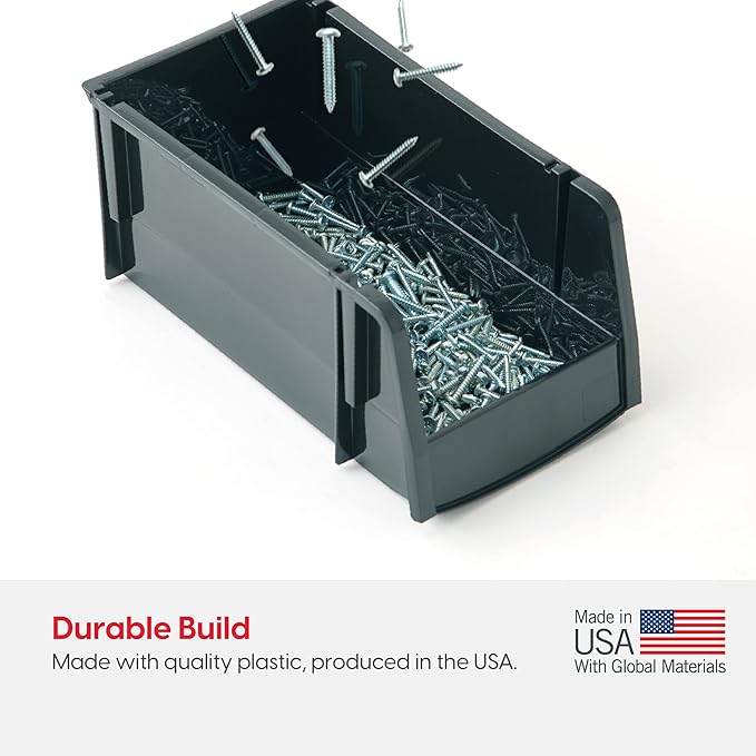 IRIS USA Plastic Shelf Bins Stackable Open Front Storage Bins Plastic Hanging Organizer Bin Caddy Basket for Hardware Crafts, Small Parts, Nuts and Bolts, Tool Storage - Large Black 8 Pack