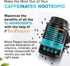 12-in-1 Nootropic Brain Supplement with Caffeine Anhydrous: Ginkgo Biloba for Brain Support, Memory and Focus - B12, Alpha GPC, L Theanine and Choline Supplements with Bioperine with 1321mg (60ct)