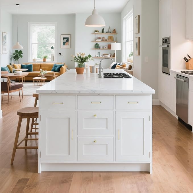 3 Pack 5 Inch(128mm) Hole Center Modern Brushed Gold Cabinet Pull Handle Timeless Vanity Drawer Pull Handle Classic Cabinet Hardware for Kitchen Dresser Bathroom, Screws Included, B-Gold(5x3)