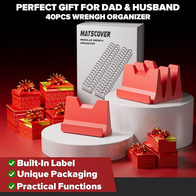 40PCS Modular Wrench Organizer Wrench Holder - Wrench Tool Organizers for Tool Drawer Storage, Wrench Storage Set with Metric & SAE Label, Wrench Rack Tool Gift for Professional Mechanics Men, Red