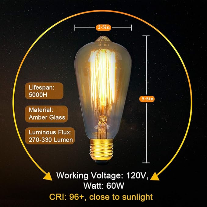 LUXON Edison Bulbs,Antique Vintage Style Incandescent Light Bulbs,Dimmable Amber Warm,60W E26 Base for Wall Sconce Pack of 2
