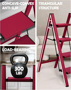 Taranta 4 Step Ladder,Aluminum Lightweight Folding 4 Step Stool with Anti-Slip Wide Pedal,330lbs Capacity Step Ladder for Household,Kitchen,Office - Red