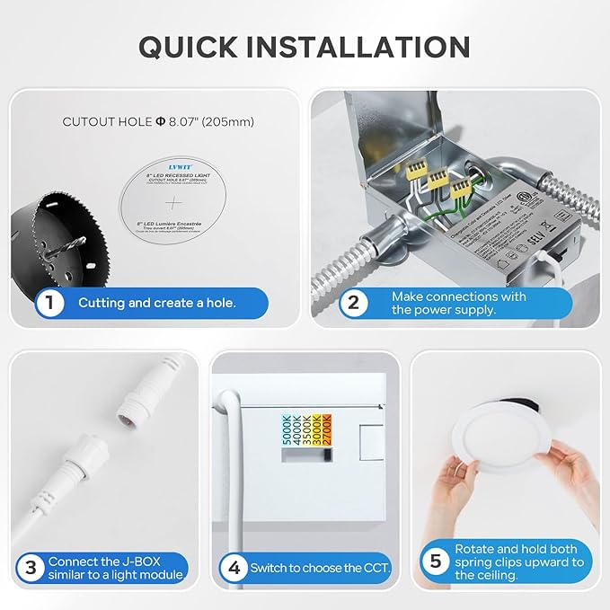 LVWIT Ultra-Thin Recessed Lighting 8 Inch with Junction Box, 1620LM High Luminance 2700K-5000K 5CCT LED Ceiling Lights, Dimmable Canless Wafer Downlight, ETL,FCC&IC, Smooth Trim, 6 Pack