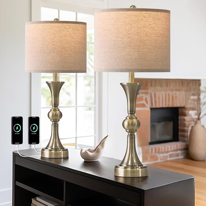 OYEARS 28" Table Lamps for Living Room Set of 2, Bedside Lamps for Night Stands Bedroom Lamps Farmhouse Lamp End Table Bed Side Lamp with USB C+A Charging Ports (Antique Bronze)
