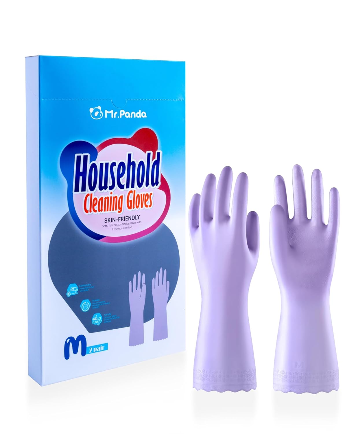 Mr.Panda 2 Pairs Skin-Friendly Flocked Cotton Liner Cleaning Gloves Medium, Reusable Dishwashing Gloves for Washing Dishes, Kitchen, Shimmering Pink
