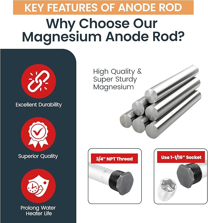 RV Water Heater Magnesium Anode Rod by CMI Inc - 3/4 Inch NPT Thread Hex Plug, Sacrificial Aluminum-Zinc Replacement Kit for Hot Water Heater Tank Protection, 9.25" Long, Hex Plug Design - 4 Pack