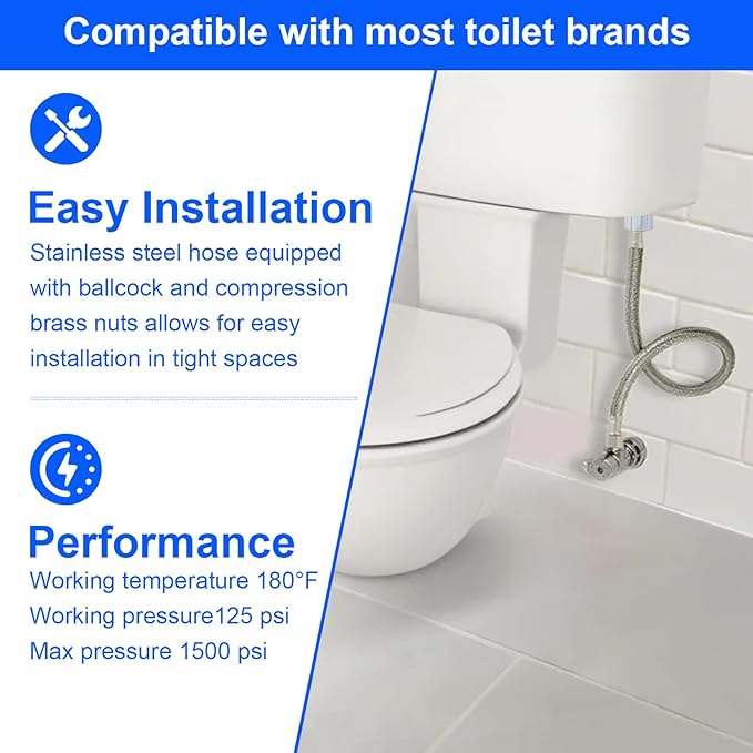 Toilet Hose Supply Line 16 Inch Flexible Toilet Connector, 7/8 Inch Ballcock x 3/8 Inch Compression, Braided Stainless Steel Toilet Supply Line