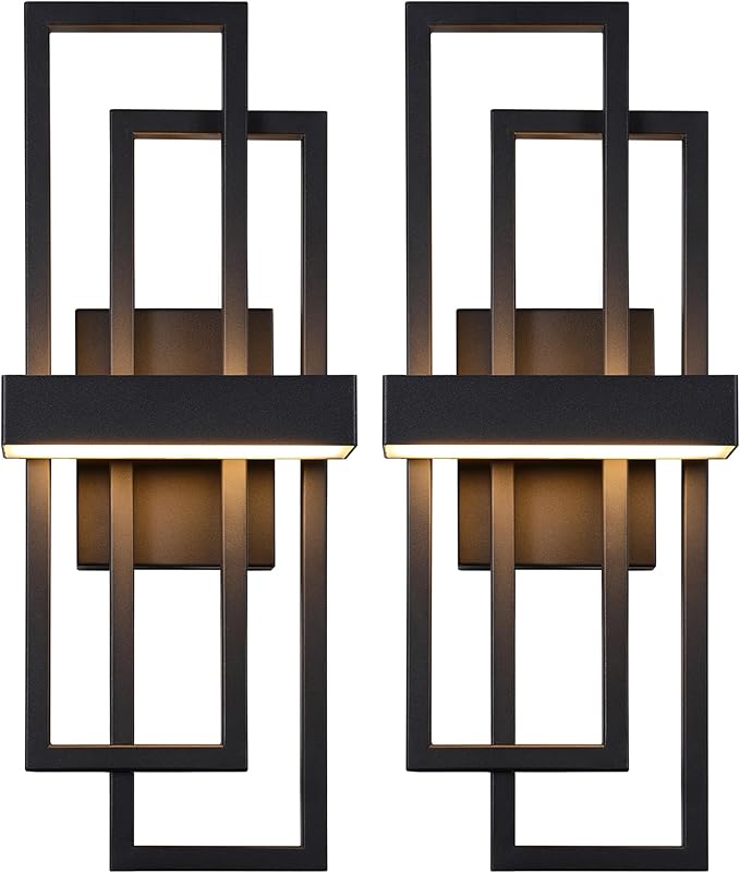 LamQee 2 Pack 20" Modern Outdoor Wall Light, Integrated LED 1000LM Exterior Lighting Fixture Rectangle Outdoor Sconce, Matte Black Metal Wall Mount Porch Light Outside Lamp for House Garage Door Patio