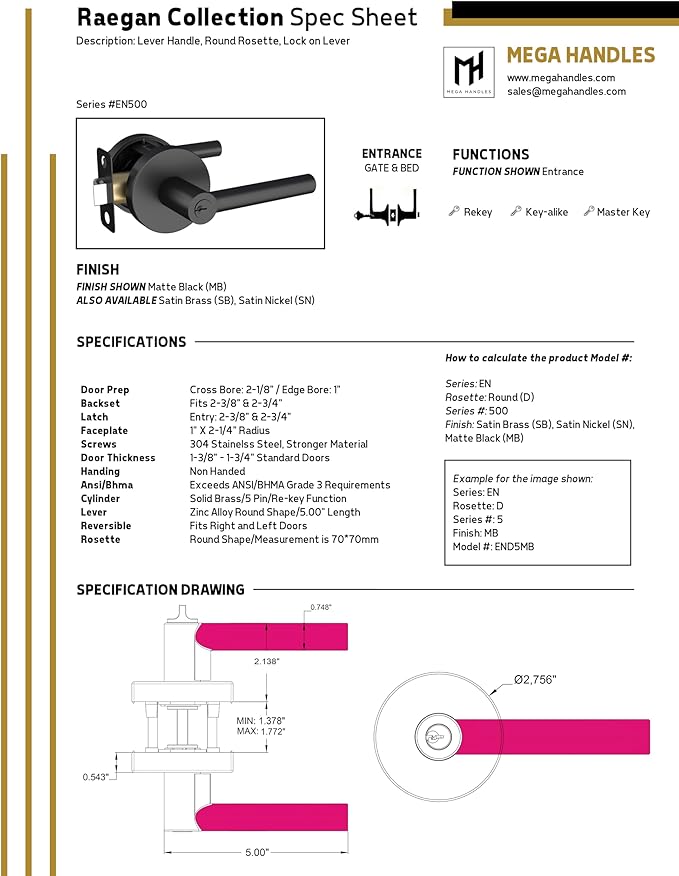 Mega Handles Ronn Entrance Entry Lever Door Handle Heavy Duty Round Locking Lever Set for Left or Right-Handed Doors, Interior/Exterior Door Levers - Matte Black (2 Pack) Keyed Alike