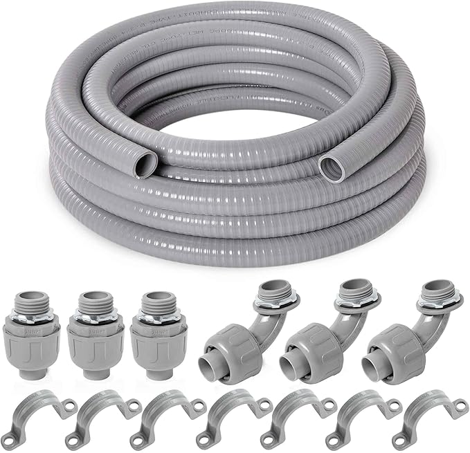 (3/4" Dia * 25 Feet) Yariwiz Flexible Electrical Conduit Liquid Tight PVC Conduit Kit with 3 PCS Coupling, 3 PCS Elbow and 7 PCS Strap, Sealtight Seal Flex Liquidtight Wire Outdoor Non Metallic Grey