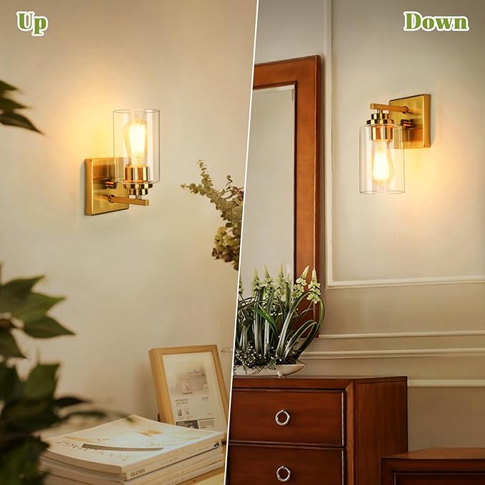 VerRon Wall Sconces, Gold Bathroom Light Fixtures, Modern Vanity Lights, Sconces Wall Lighting with Clear Glass, Sconces Wall Decor Set of 2, Light Fixture for Mirror, Living Room, Bedroom, Hallway