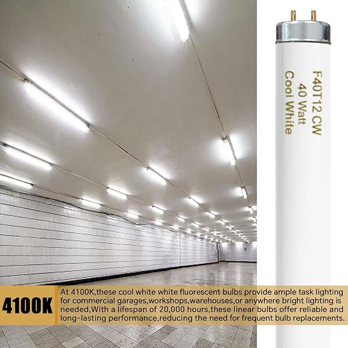 T12 48 Inches 40 Watt Fluorescent Tube, F40T12/841 Light Bulb, 4 Foot T12 Fluorescent Light Bulb, 4100K Cool White, F40T12/CW, 3250 Lumens, G13 Bi-Pin Base, 12 Pack