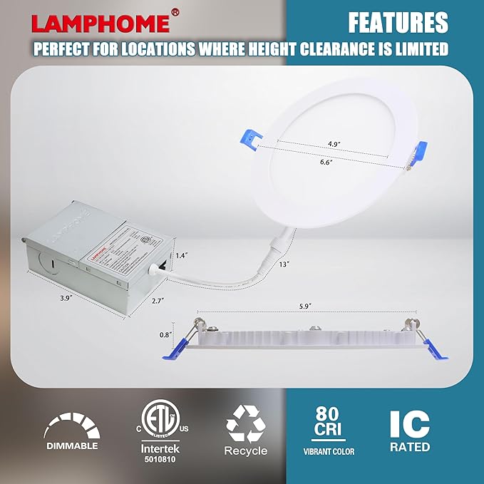 LAMPHOME 12-Pack of 6-Inch Slim LED Recessed Lights with Junction Box, Adjustable Color Temperatures (2700K-5000K), 12W Equivalent to 110W, Dimmable, 1050LM Brightness - ETL and Energy Star Certified
