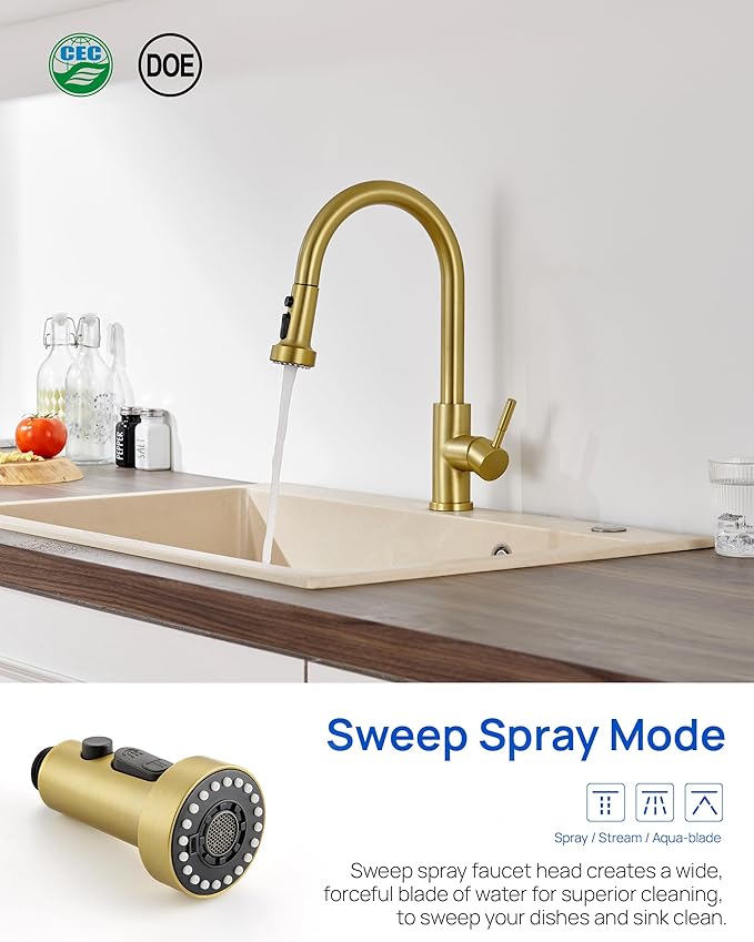 J-HVA Pull Down Kitchen Faucet Sprayer Head Replacement Part, 3 Function Pull Out Sink Sprayer Replacement Nozzle with 15 Adapters, Kitchen Faucet Head Hose Spray Tap Spout, Brushed Gold