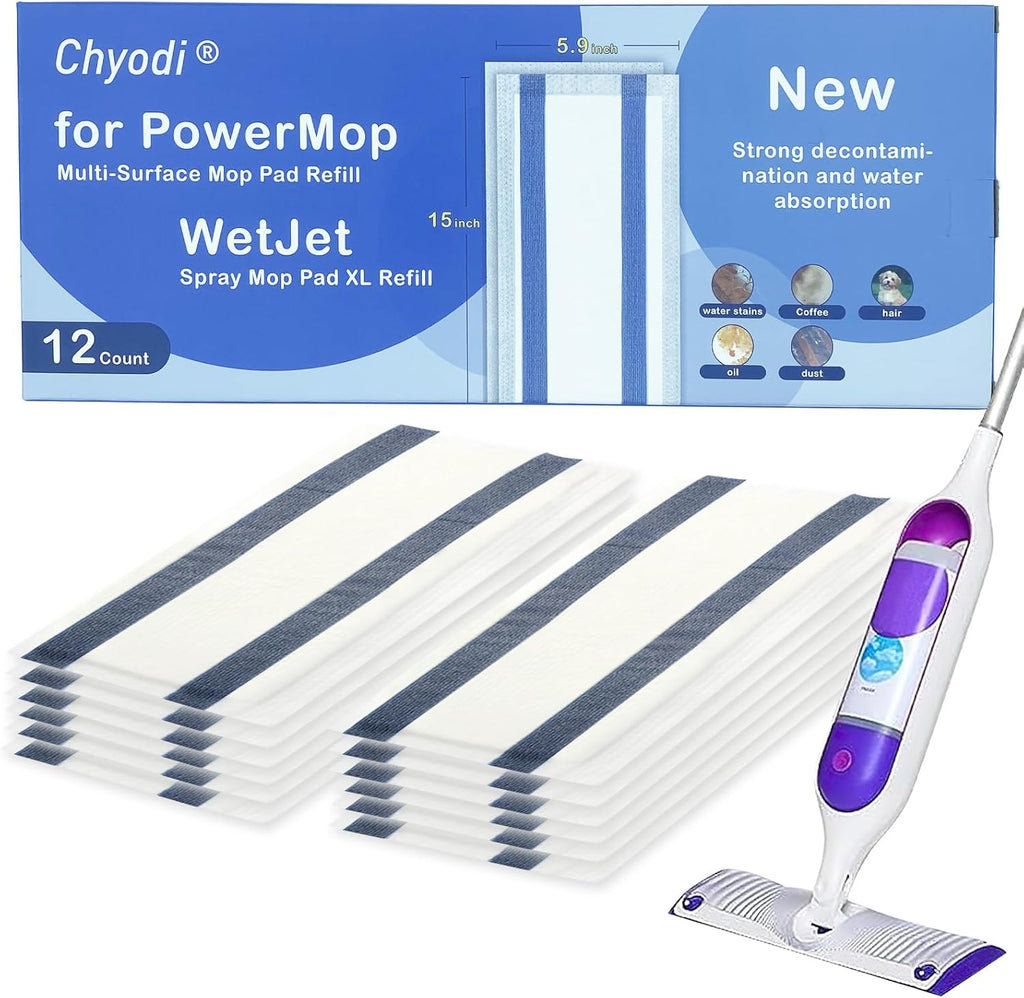 12 Count Disposable Mop Pad Replacement for Swiffer WetJet Spray Mop, Extra Strong Dirt Locking and Water Absorbent, Powerful Stain Removal Effortlessly Cleans Hardwood, Tile and Laminate Floors