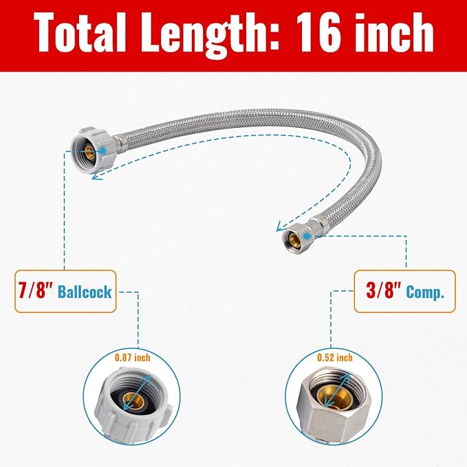 SUNGATOR 16'' Toilet Water Supply Line, 7/8" Ballcock x 3/8" Compression Toilet Hose Connector, 16 Inch Braided Stainless Steel Water Supply Line with 1 Wrench and Sealing Tape(2 Pack)
