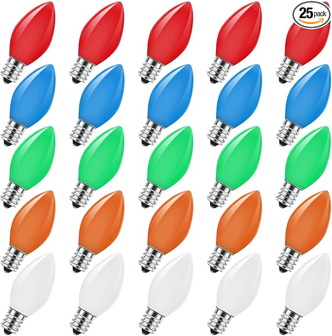 C7 LED Multicolor Replacement Light Bulbs for Christmas Strings Light, 25 Pack 0.6W E12 LED Light Bulbs for Hanging Outdoor String Lights, E12 Candelabra Base (Red, Blue, Green, Orange, White)